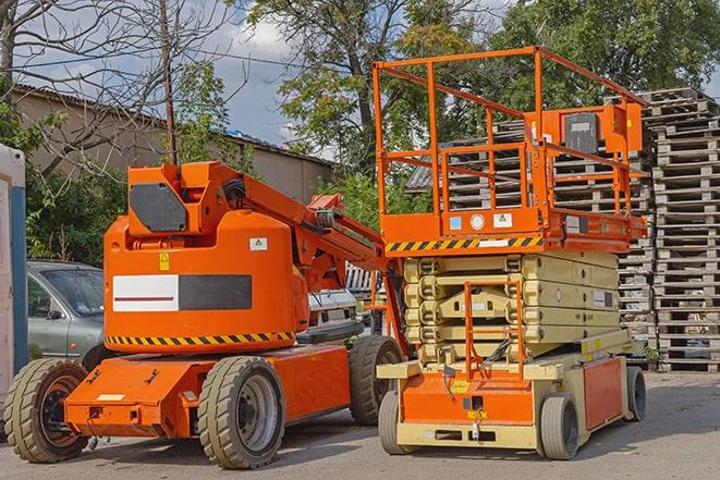 industrial forklift in use at a fully-stocked warehouse in Porter Ranch, CA